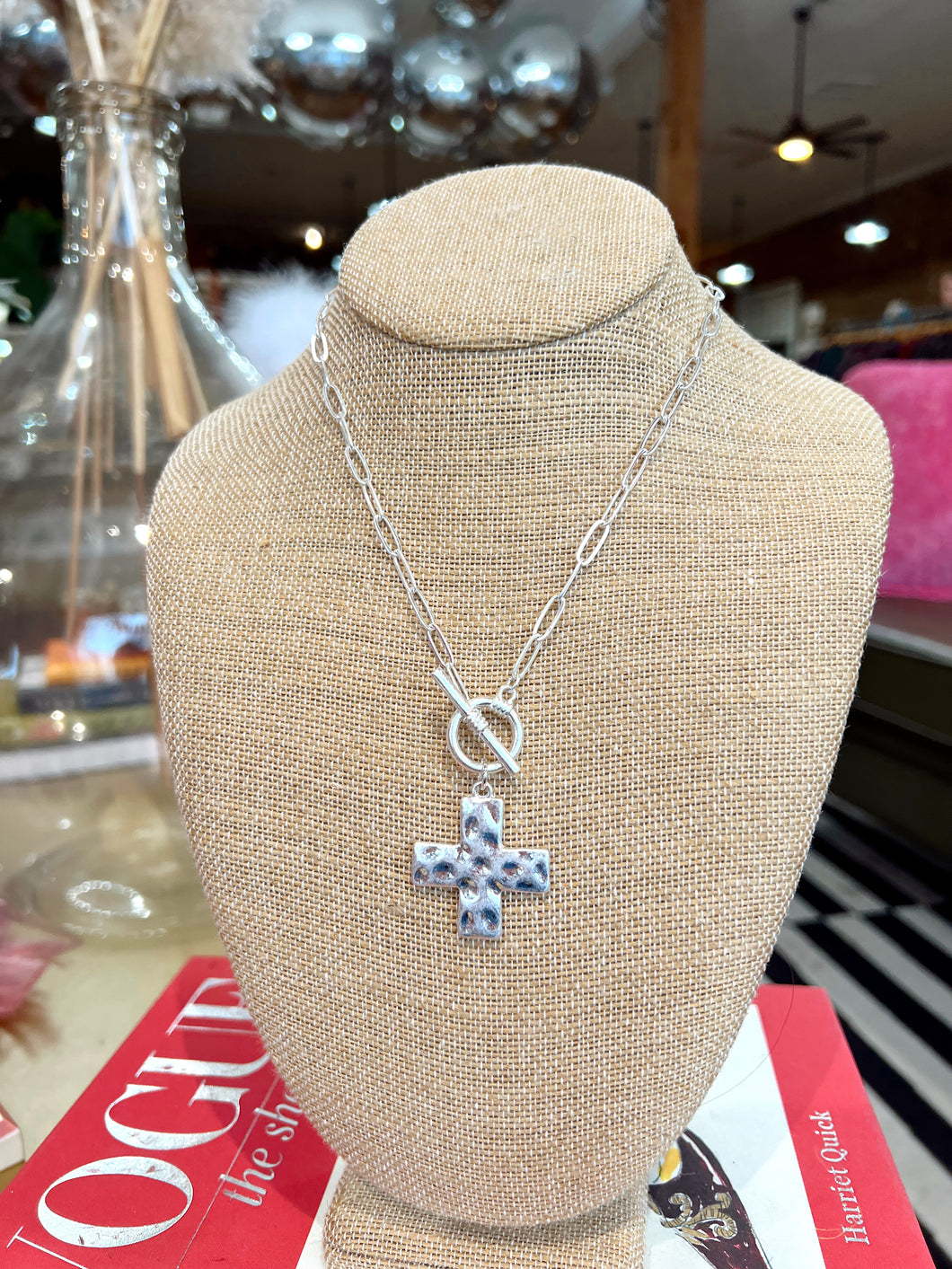 Hammered Cross Toggle Necklace- Silver