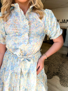 Alice Floral Button Up Ruffle Mini Dress- Blue