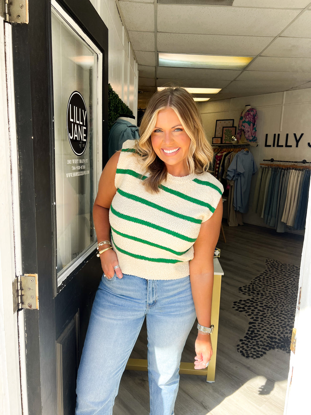 Lively Striped Sleeveless Top - Kelly Green