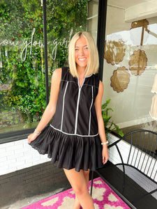 Brice Embroidered Pleated Mini Dress- Black