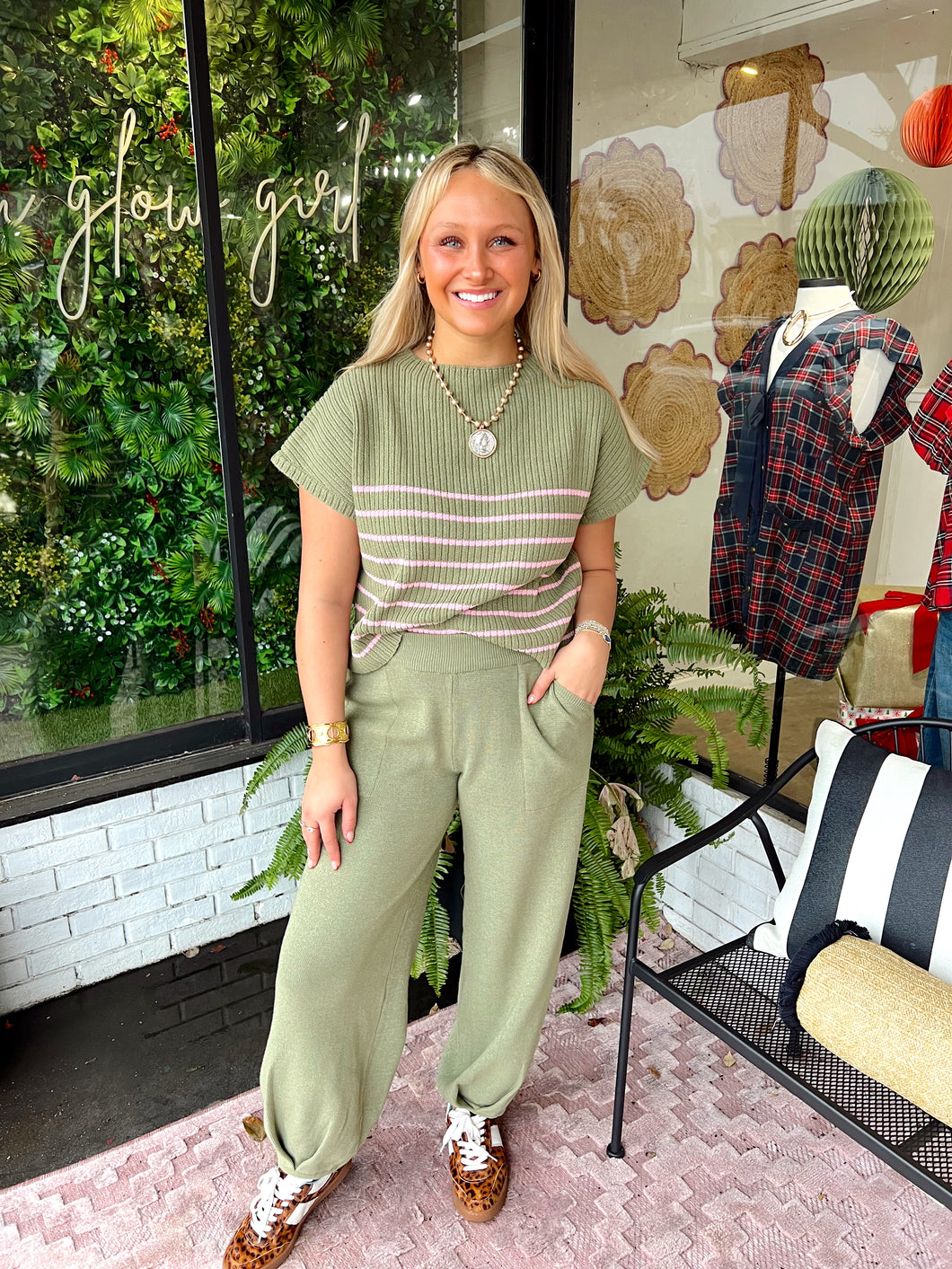 Michelle Striped Knit Jogger Set- Olive