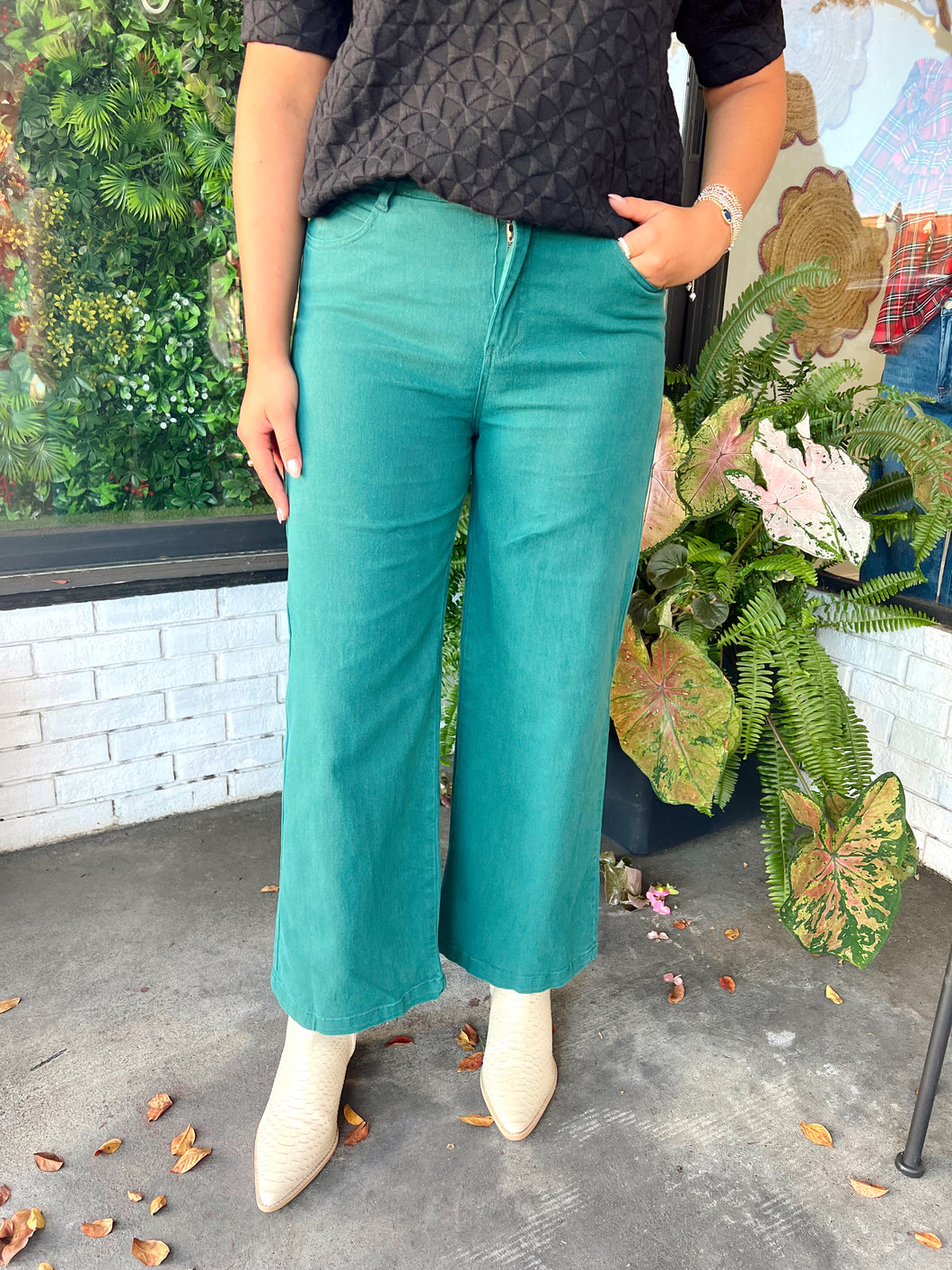 Elena High Waisted Wide Leg Pants- Hunter Green