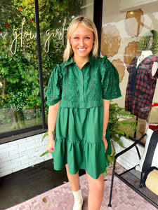 Linny Eyelet Button Up Mini Dress- Hunter Green