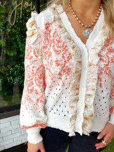 Laurel Floral Ruffle Cardigan-Cream/Orange