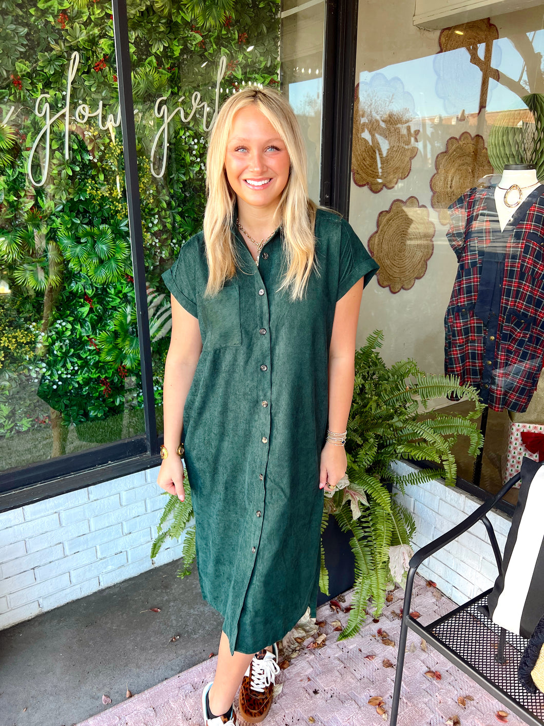 Trisha Corduroy Button Up Midi Dress- Hunter Green