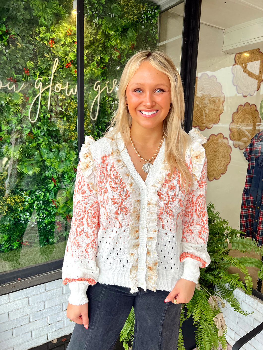 Laurel Floral Ruffle Cardigan-Cream/Orange