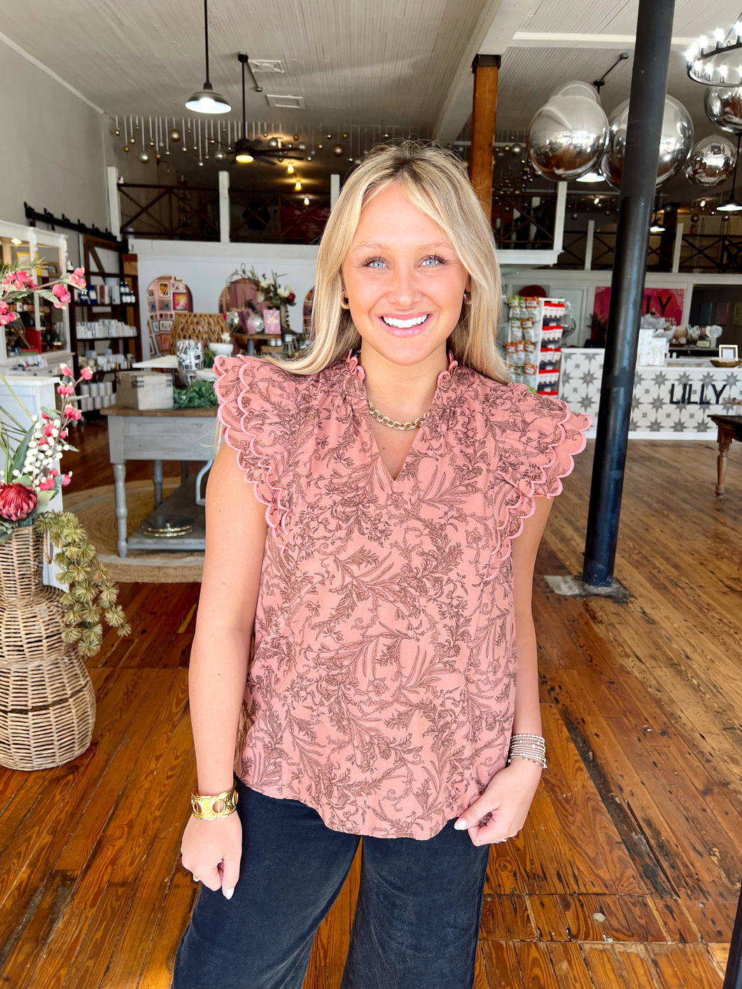 Peyton Floral Scalloped Trim Blouse - Maroon