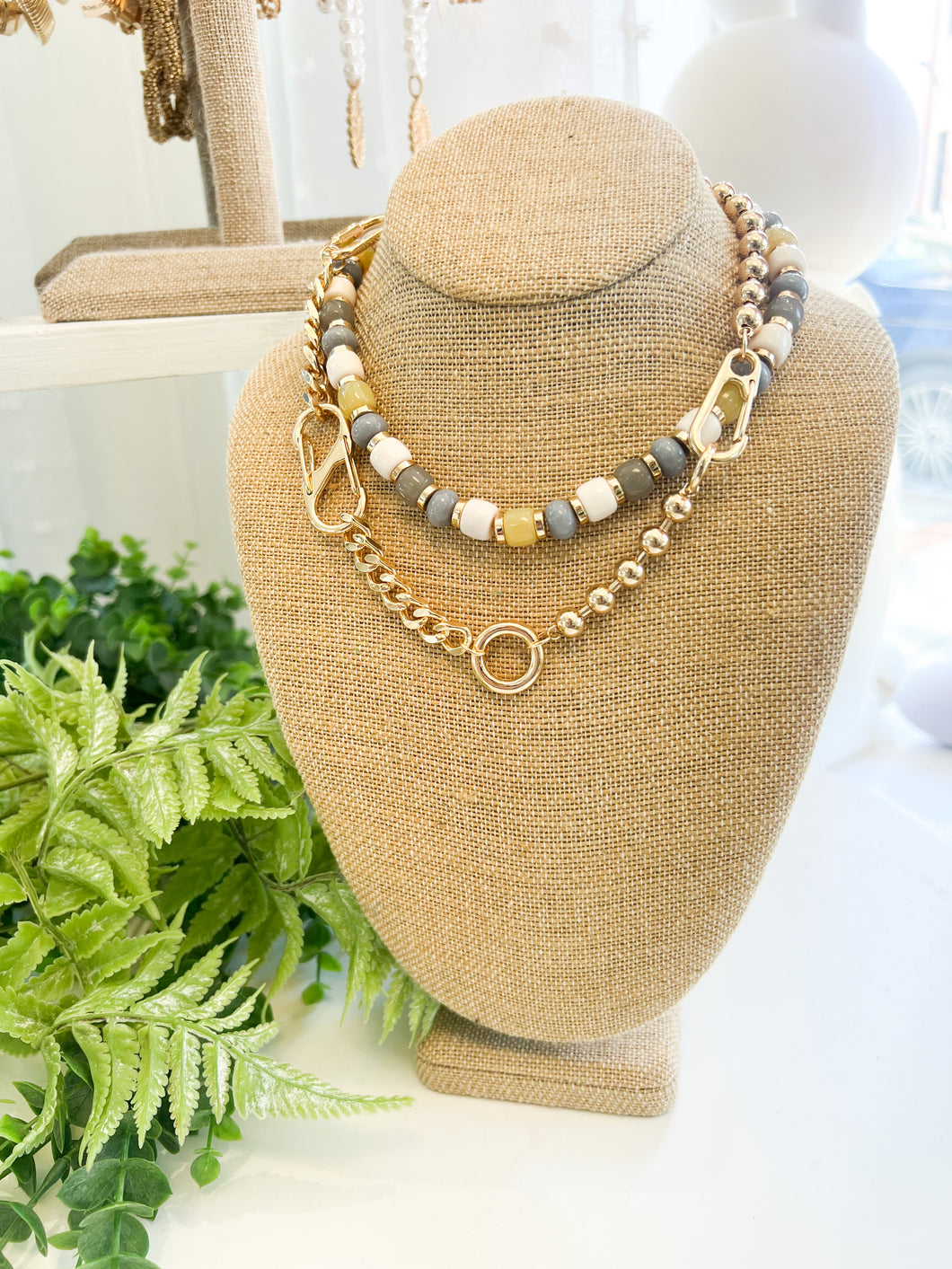 Color Beaded Gold Link Layered Necklace