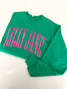 Lilly Jane Serif Sweatshirt- Kelly Green/Pink