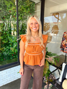 Meeks Ruched Ruffle Top - Rust