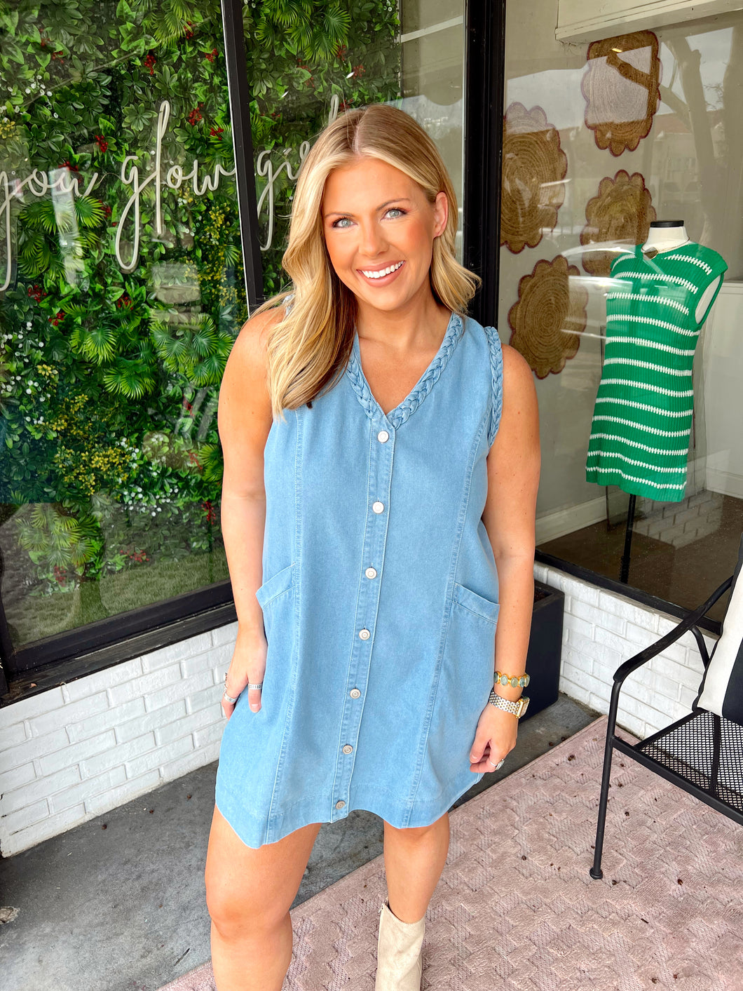 Emerson Braided Button Up Mini Dress- Light Denim