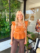 Load image into Gallery viewer, Meeks Ruched Ruffle Top - Rust
