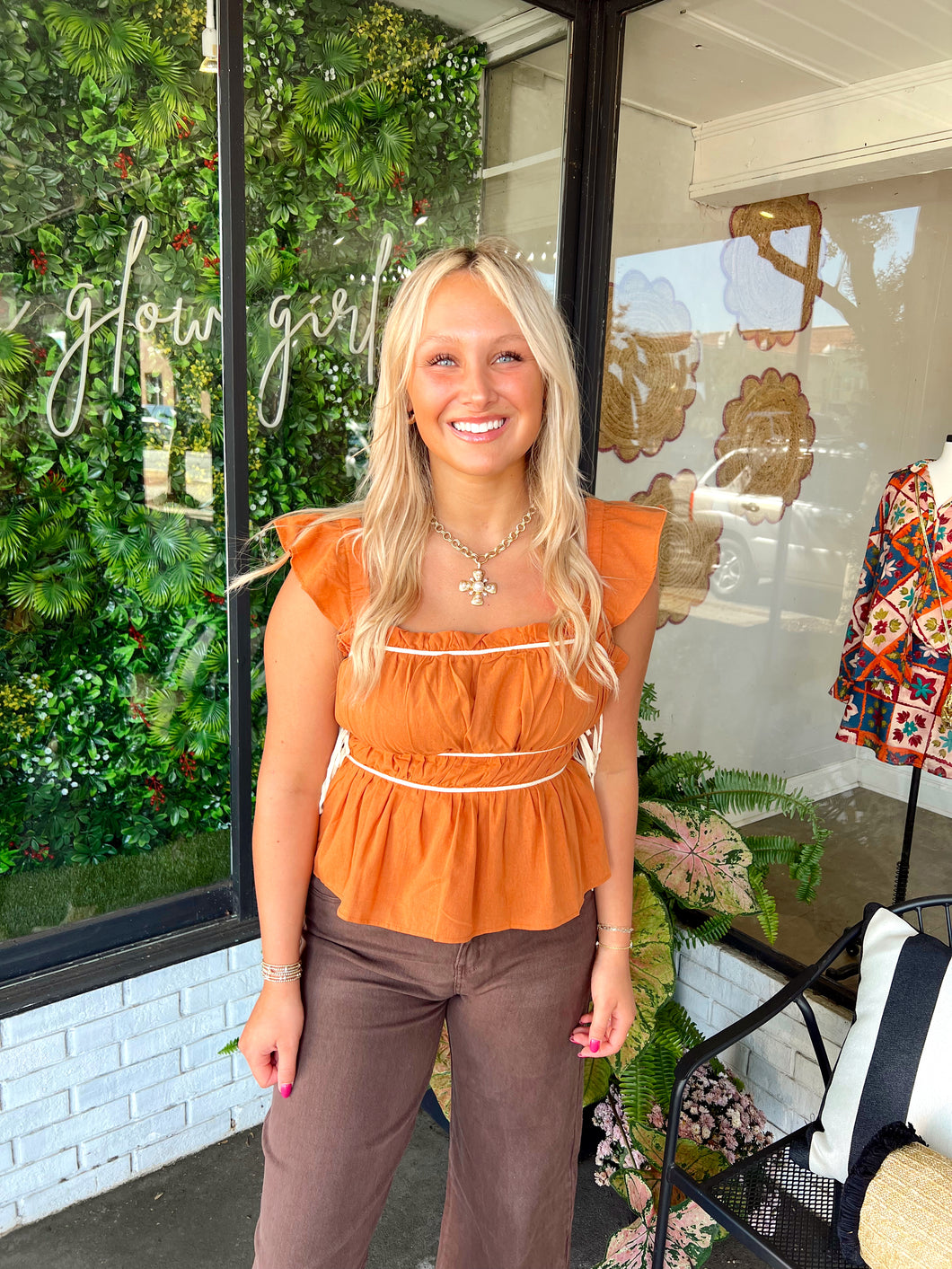 Meeks Ruched Ruffle Top - Rust