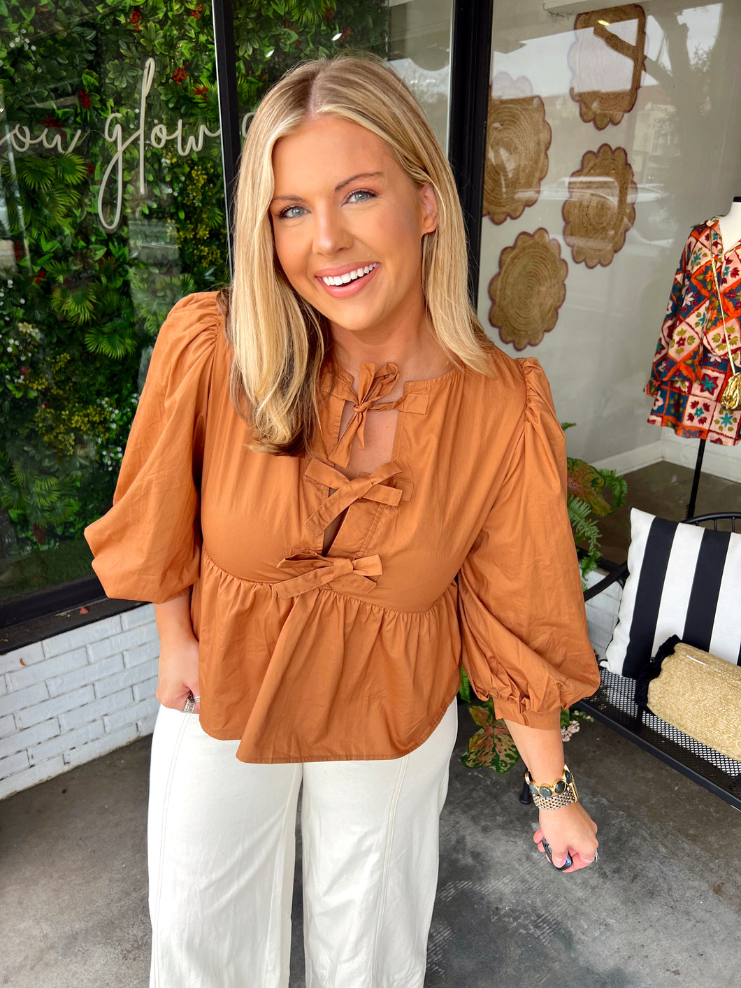 Joni Bow Tie Peplum Top- Camel